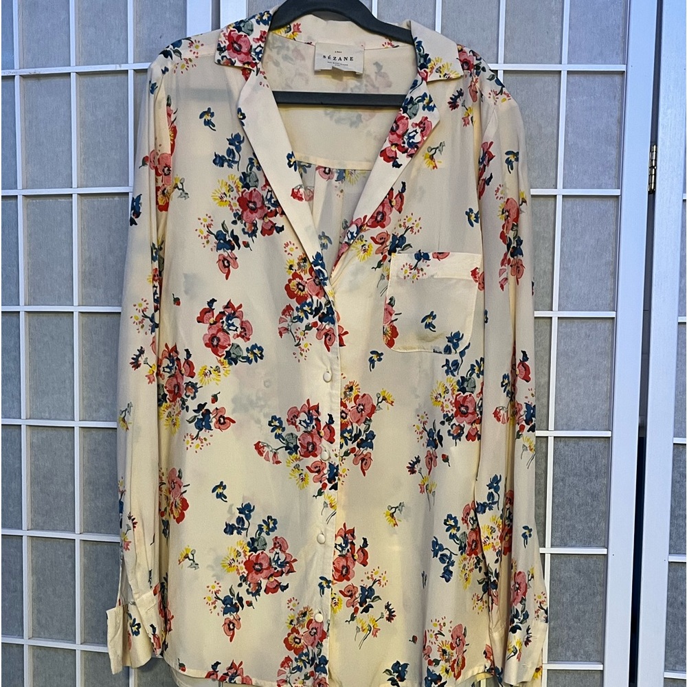 Sezane Sz 34 silk button down shirt Ann? Petite floral pattern pink blue yellow